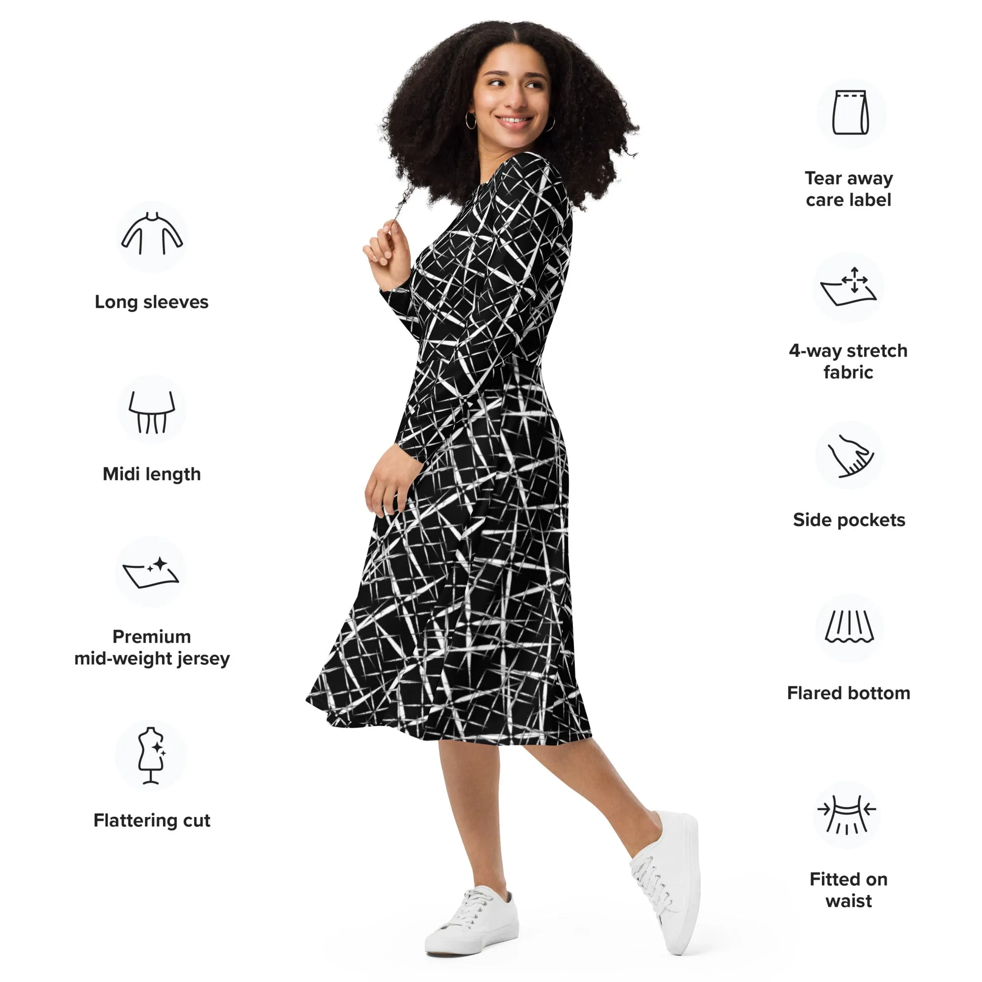 All-Over Print Midi Dress for Professional Women, Long Sleeve Midi Dress, Women's Formal Birthday Party Dress