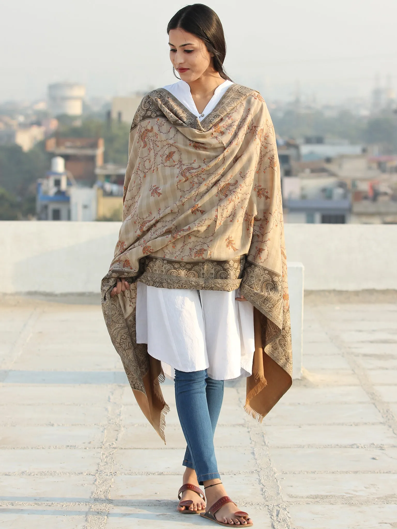 Beige Brown Jamawar Needle Embroidered Woollen Kashmiri Shawl - S200548