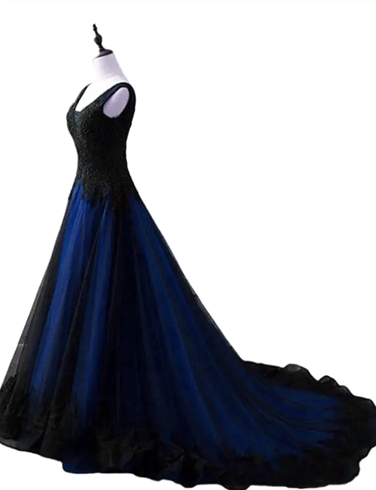 Black and Blue Lace Applique V-neclline Tulle Party Dress, A-line Tulle Long Prom Dress