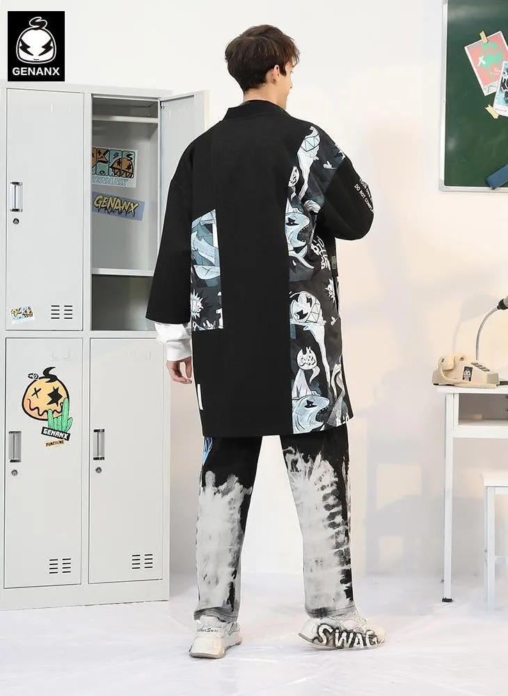 Black Comic Style Print Patchwork Trench Coat