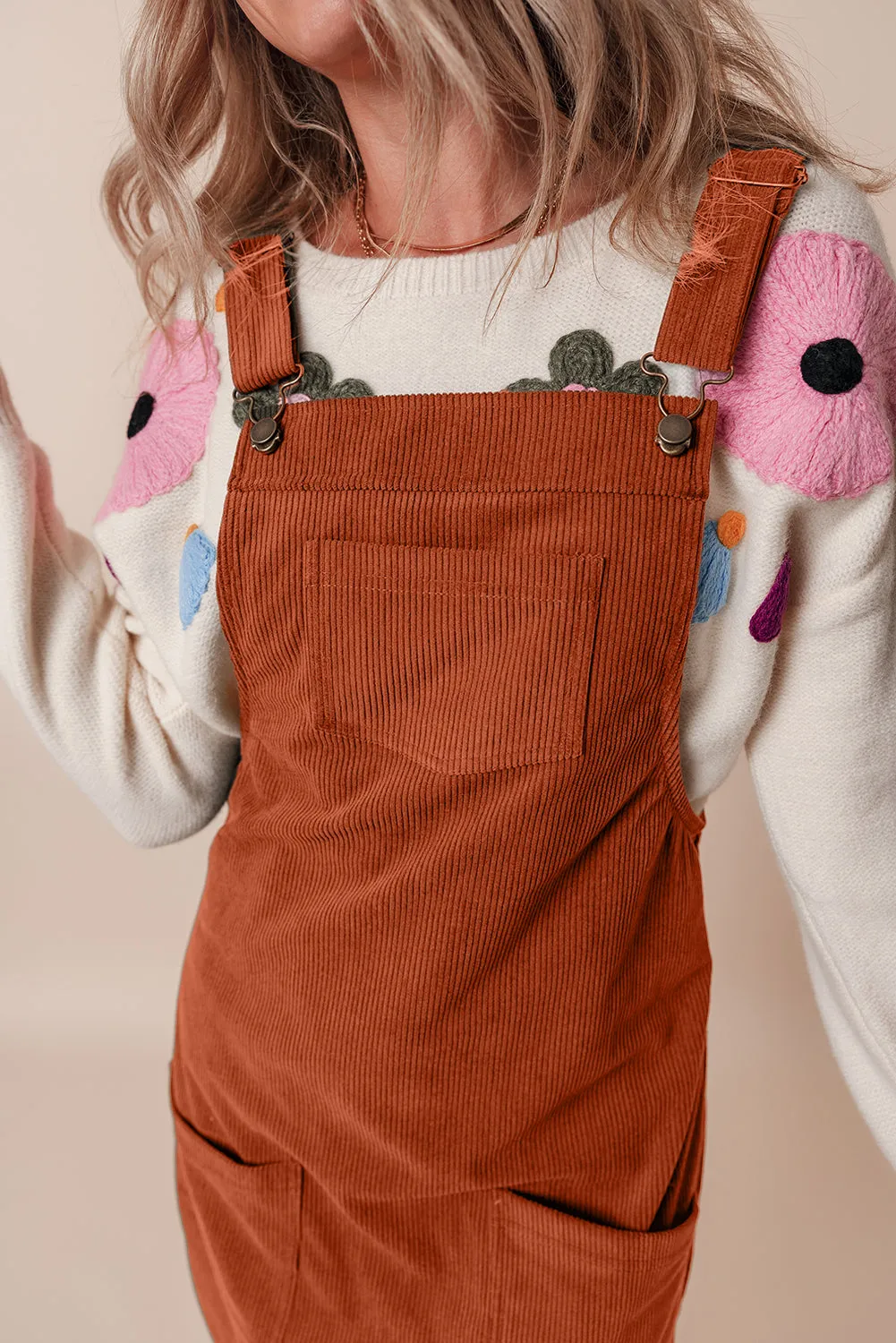 Black Solid Front Pockets Sleeveless Corduroy Overall Dress