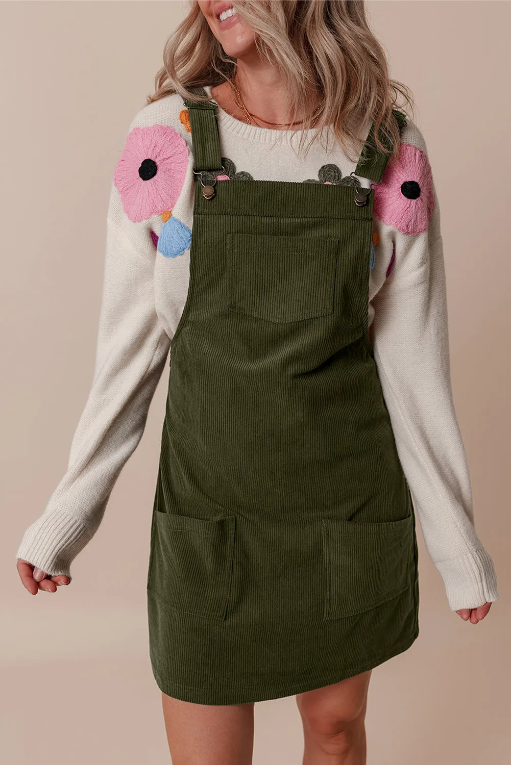 Black Solid Front Pockets Sleeveless Corduroy Overall Dress