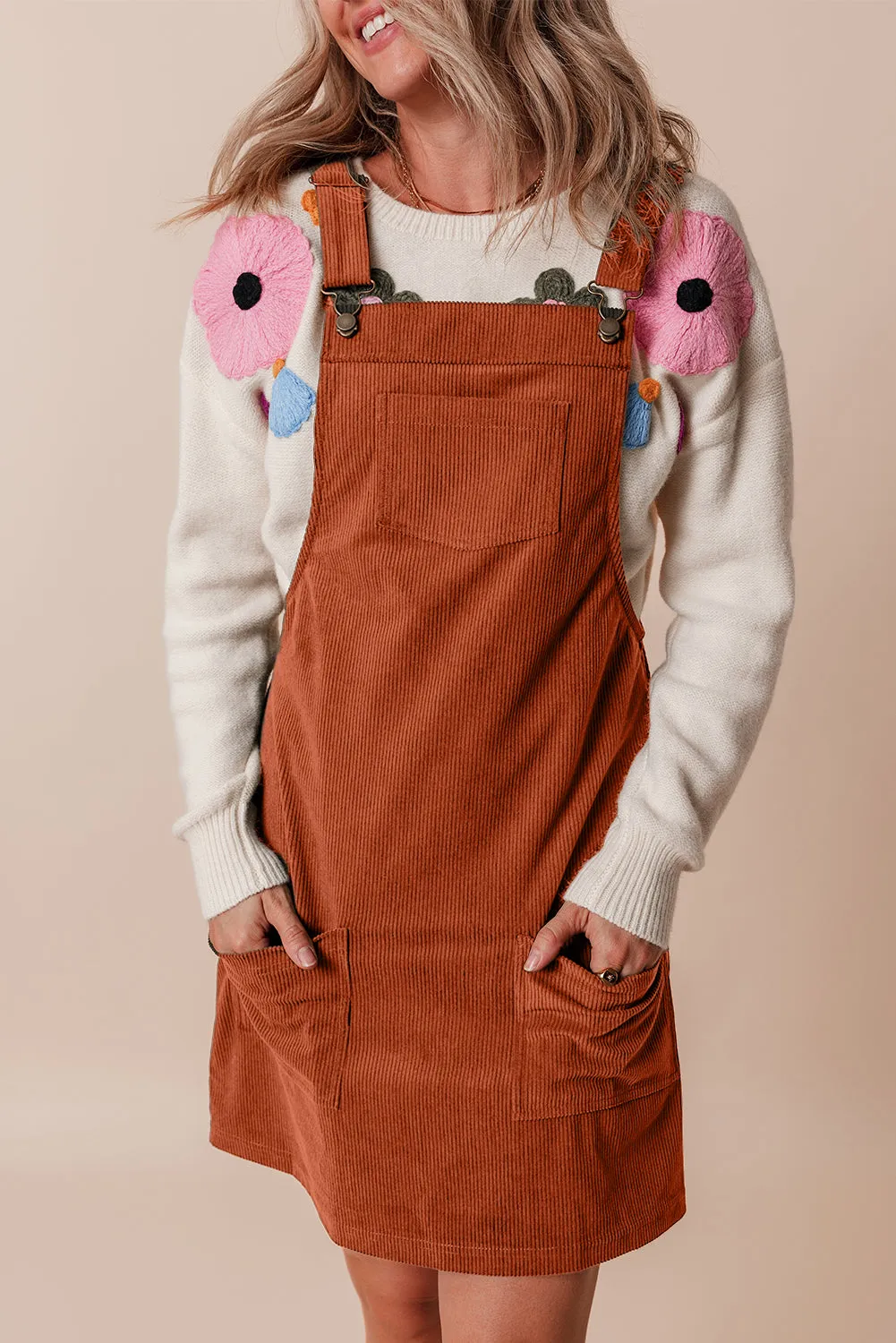 Black Solid Front Pockets Sleeveless Corduroy Overall Dress