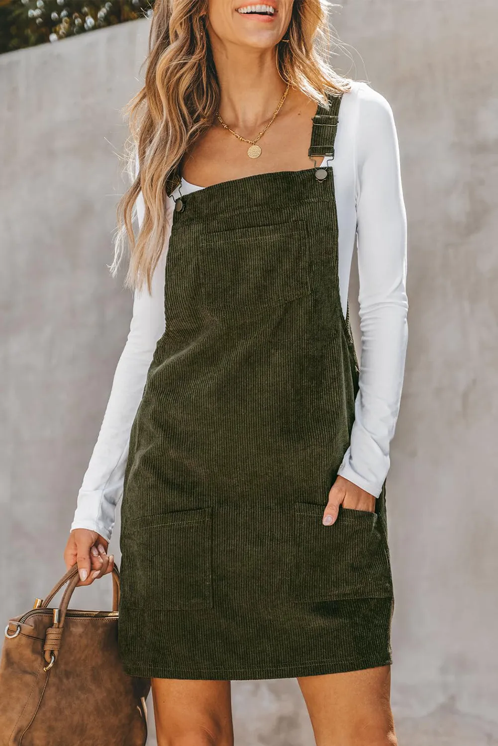 Black Solid Front Pockets Sleeveless Corduroy Overall Dress