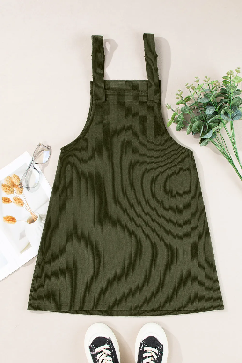 Black Solid Front Pockets Sleeveless Corduroy Overall Dress