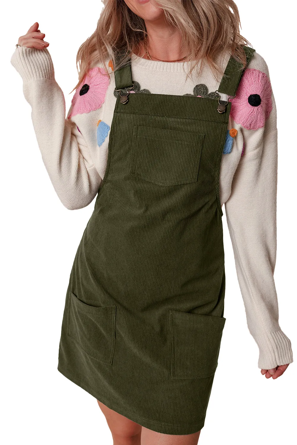 Black Solid Front Pockets Sleeveless Corduroy Overall Dress