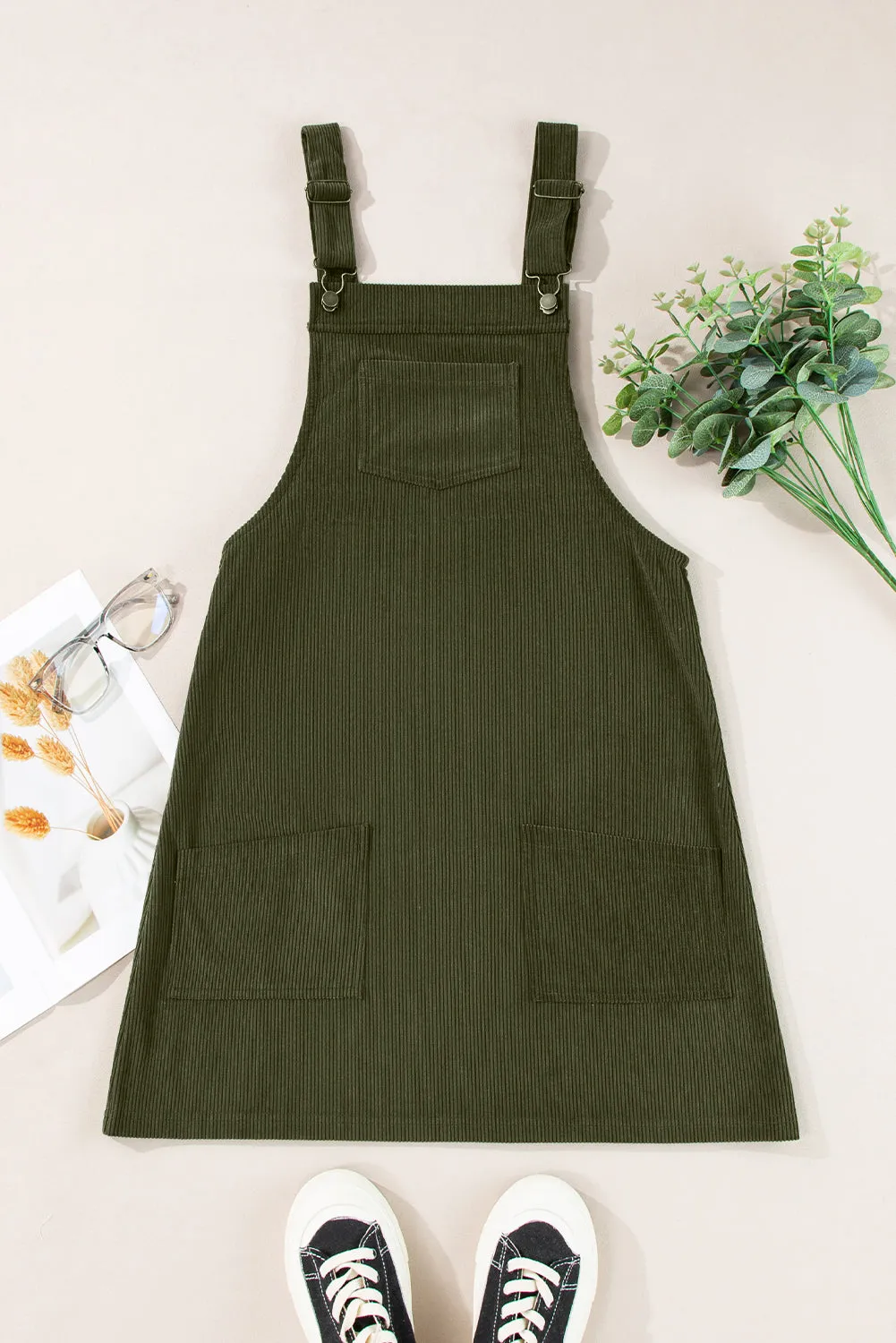 Black Solid Front Pockets Sleeveless Corduroy Overall Dress