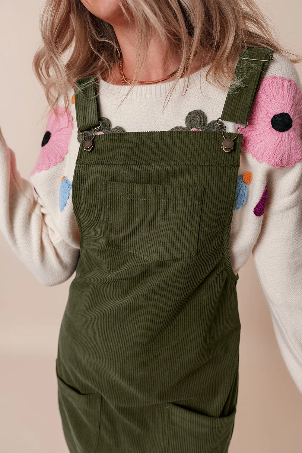 Black Solid Front Pockets Sleeveless Corduroy Overall Dress