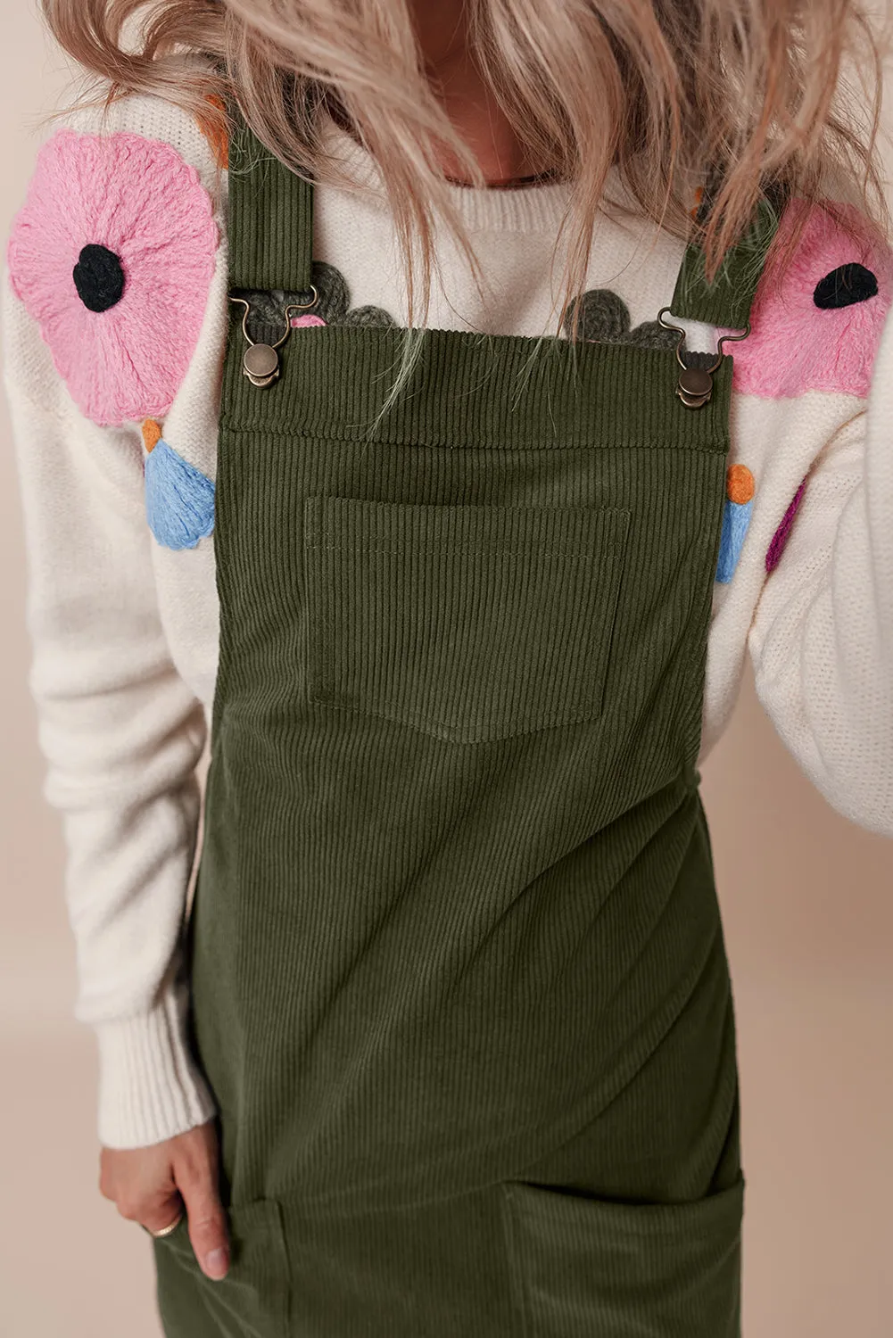 Black Solid Front Pockets Sleeveless Corduroy Overall Dress