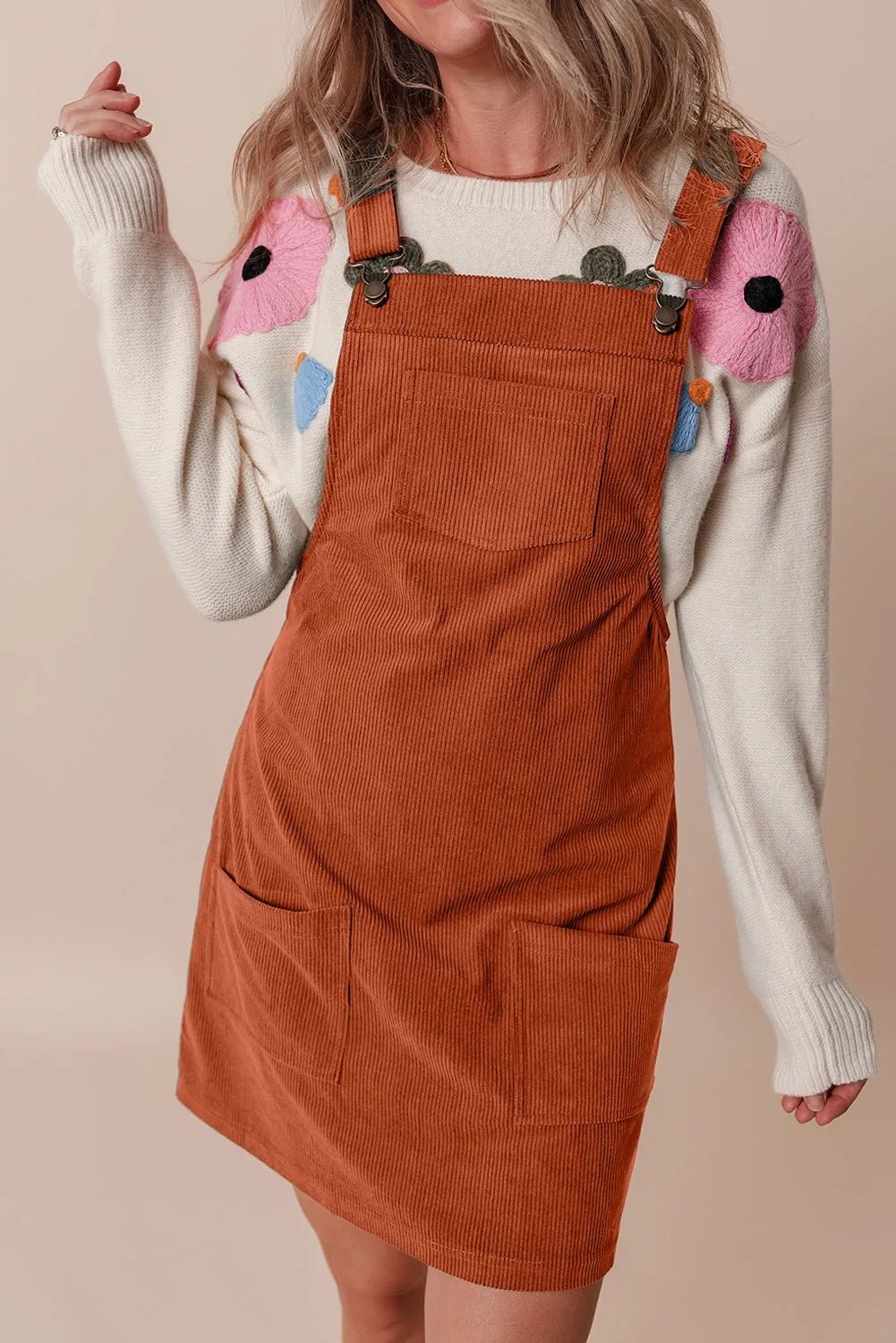 Black Solid Front Pockets Sleeveless Corduroy Overall Dress