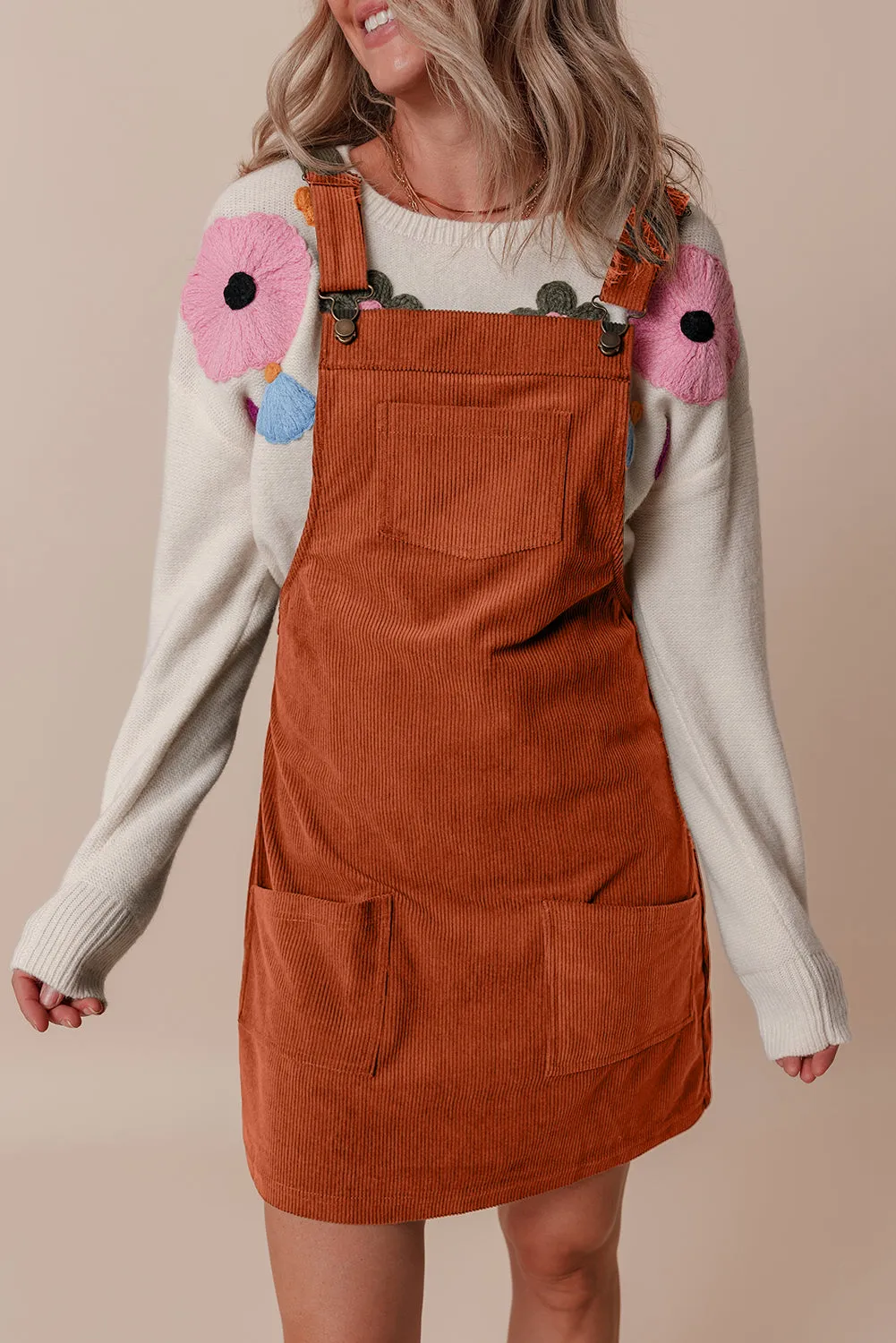 Black Solid Front Pockets Sleeveless Corduroy Overall Dress