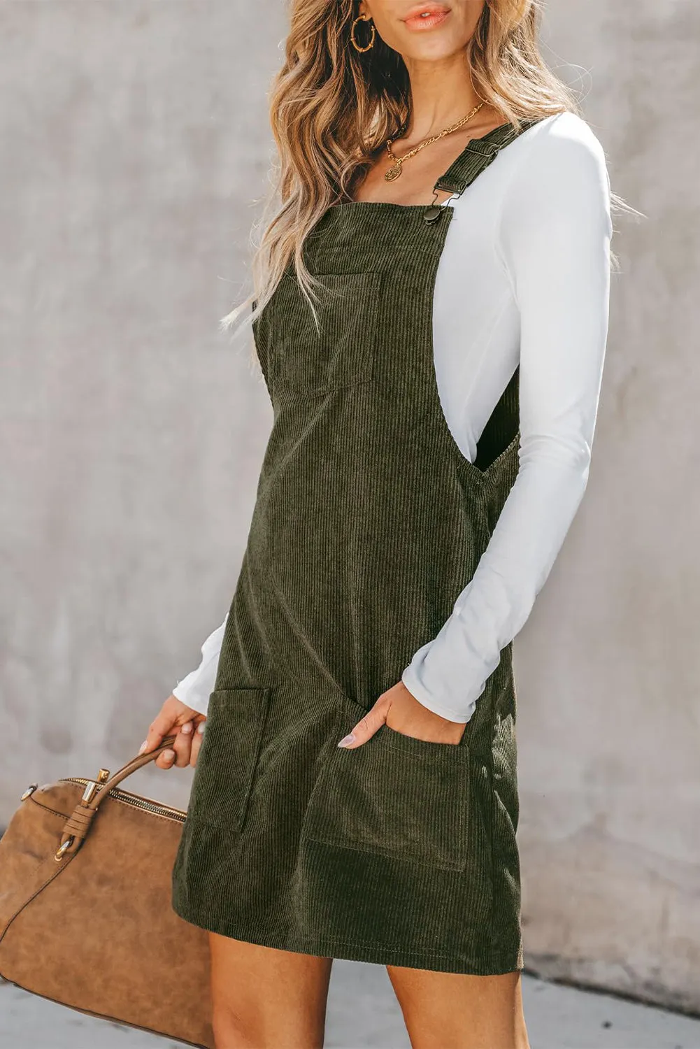 Black Solid Front Pockets Sleeveless Corduroy Overall Dress