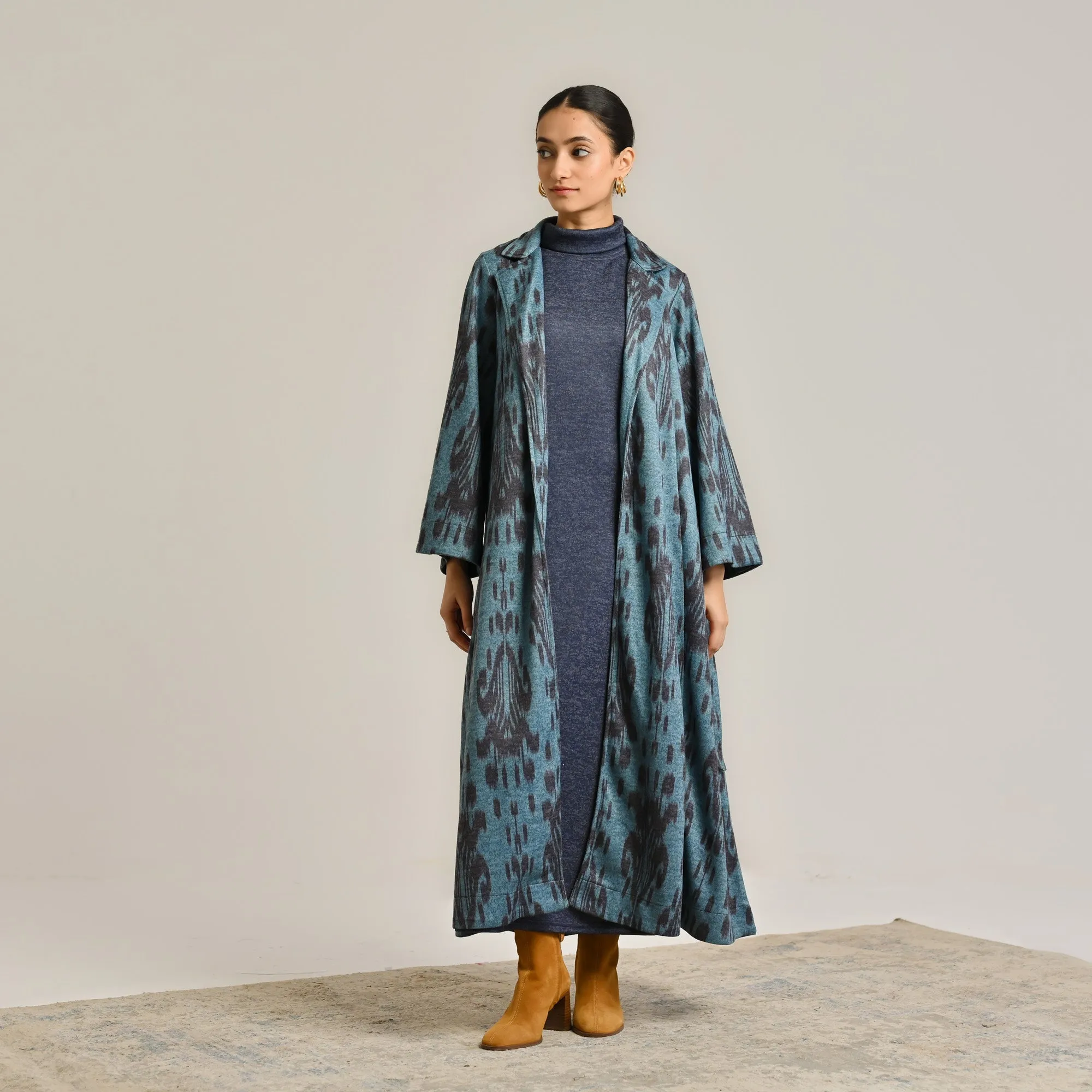 Blue Woollen Statement Trench Coat with Belt Detail