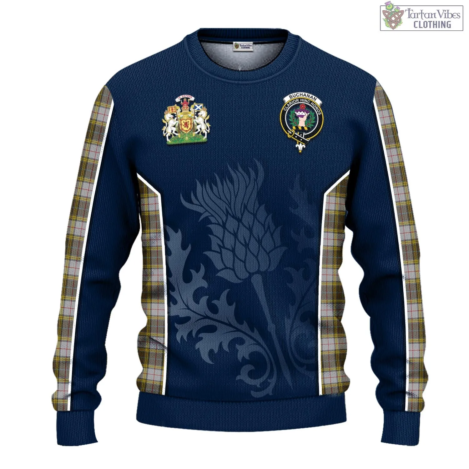 Buchanan Dress Tartan Knitted Sweatshirt with Family Crest and Scottish Thistle Vibes Sport Style