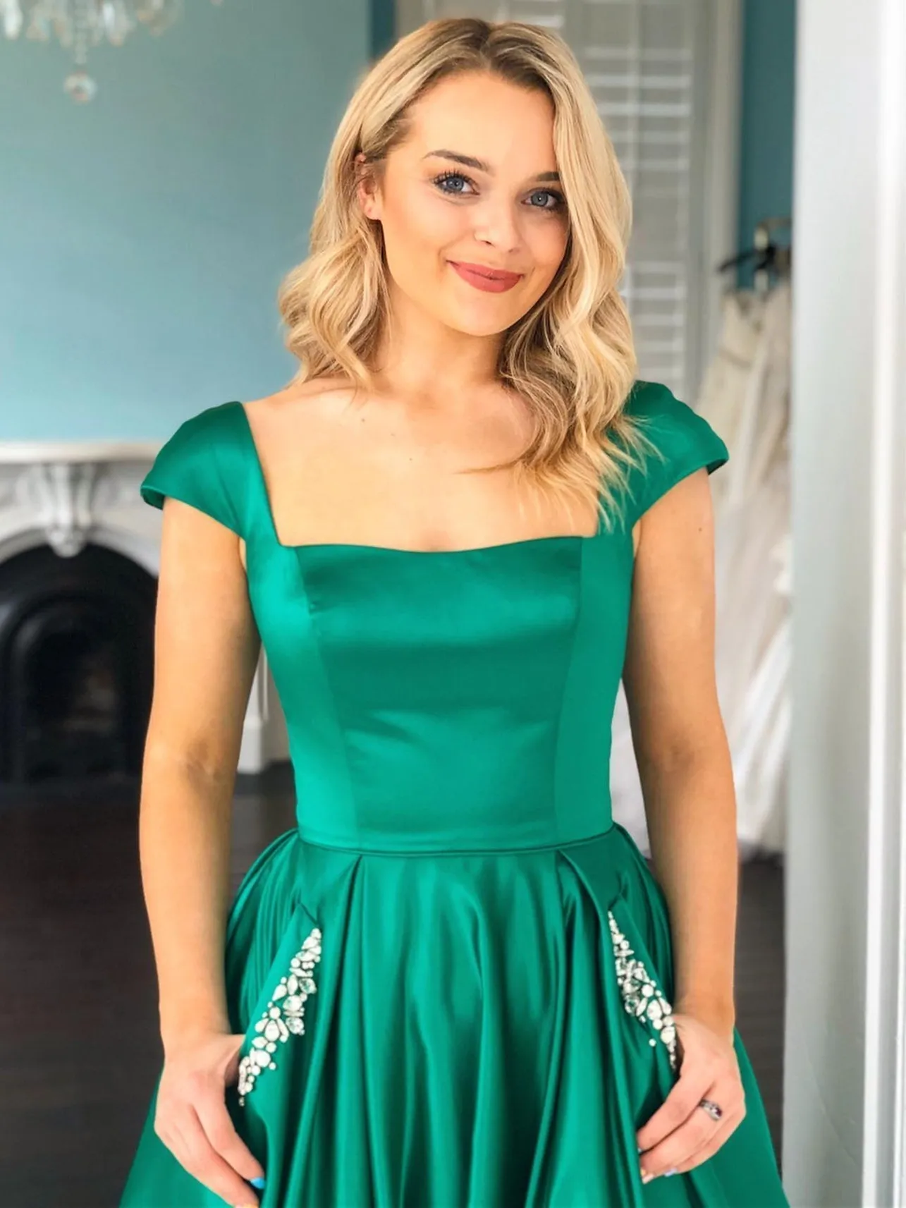 Cap Sleeves Green Satin Long Prom with Pocket, Green Formal Graduation Evening