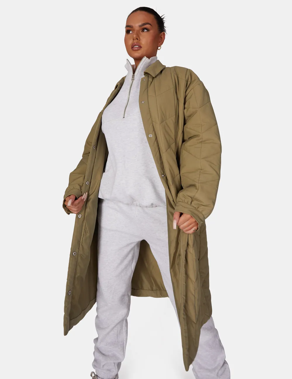 Chevron Quilted Longline Jacket Khaki