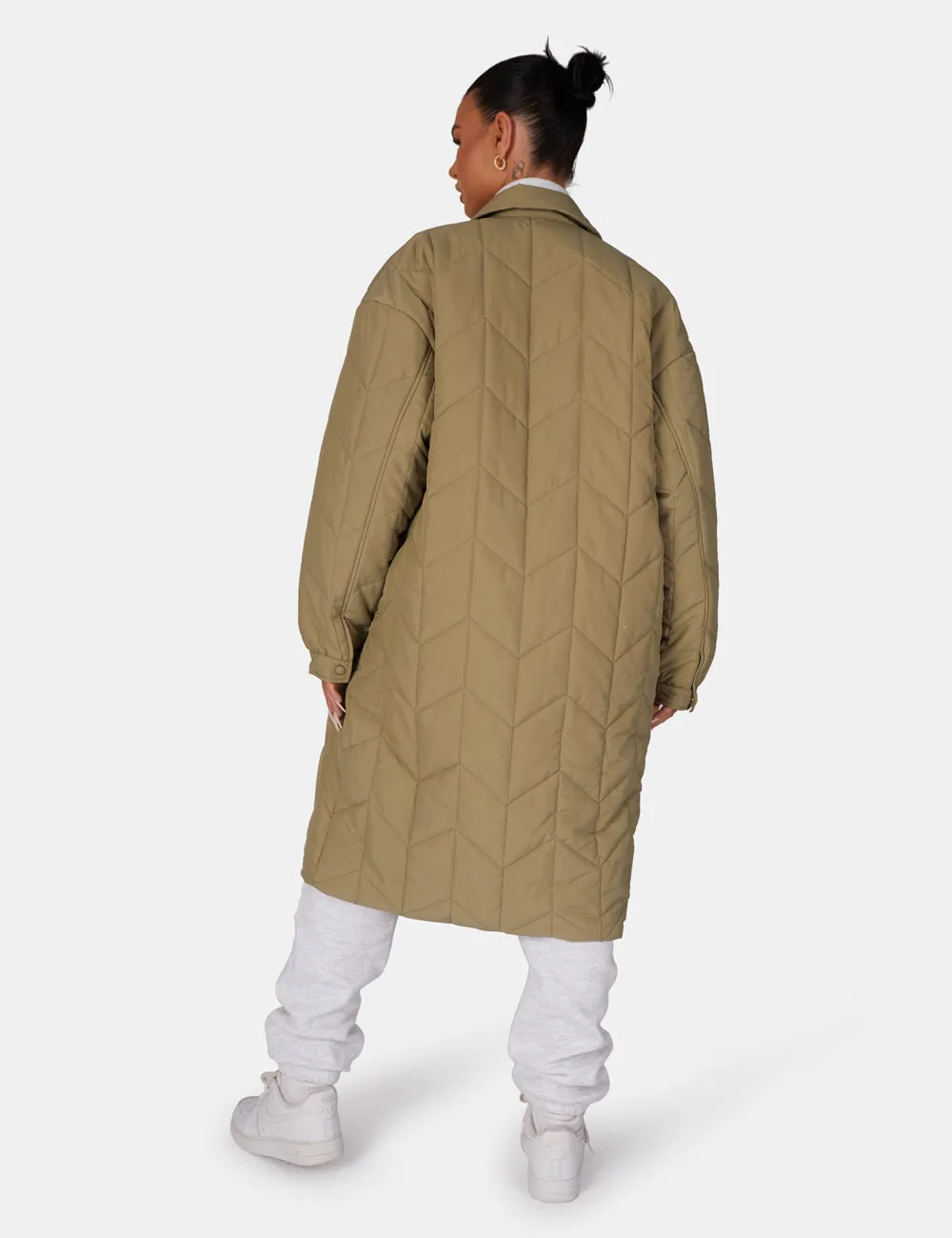Chevron Quilted Longline Jacket Khaki