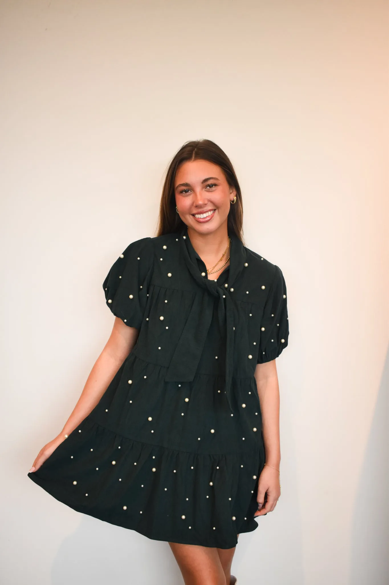 Corduroy Tie Neck Mini Dress
