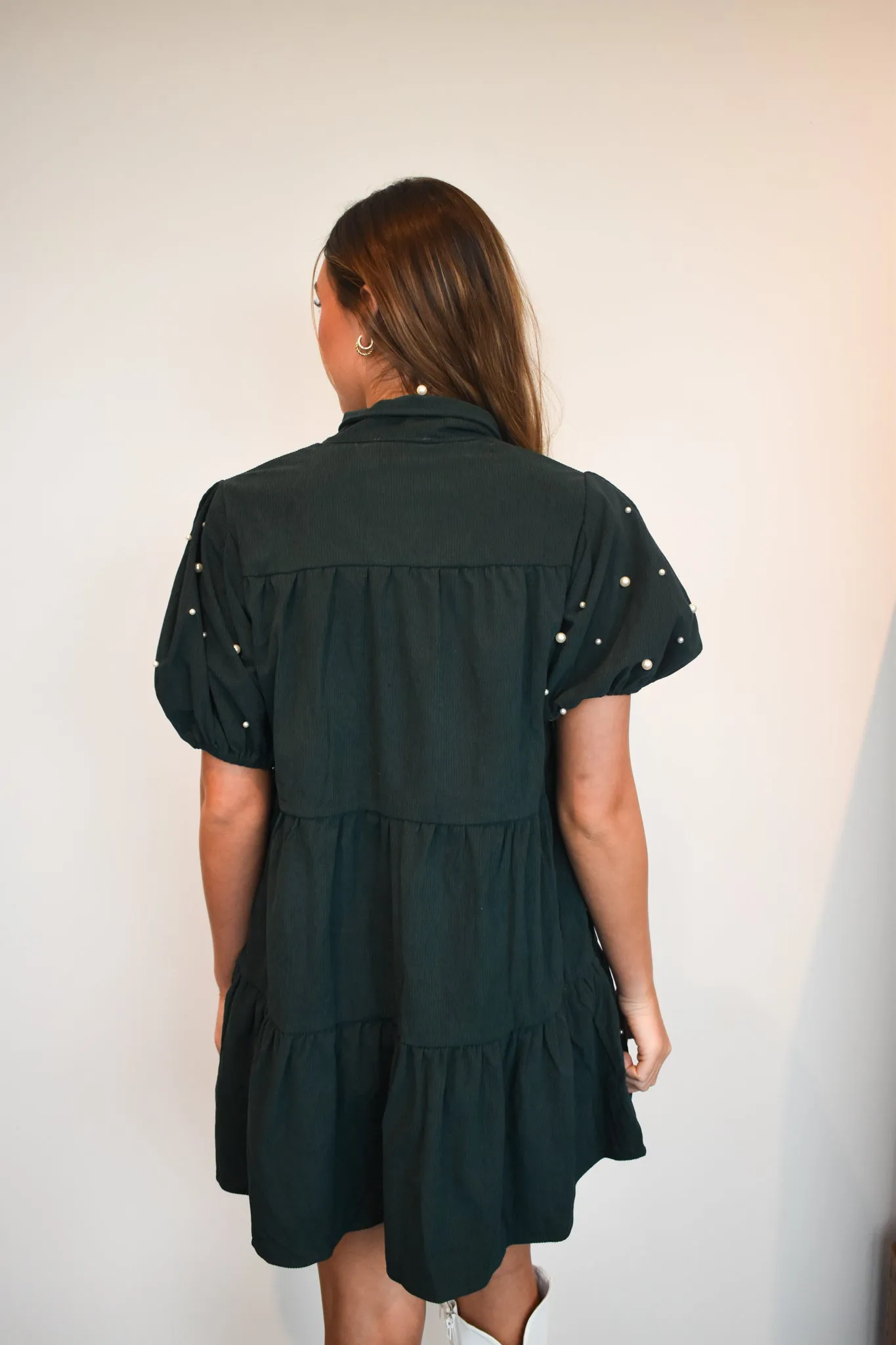 Corduroy Tie Neck Mini Dress