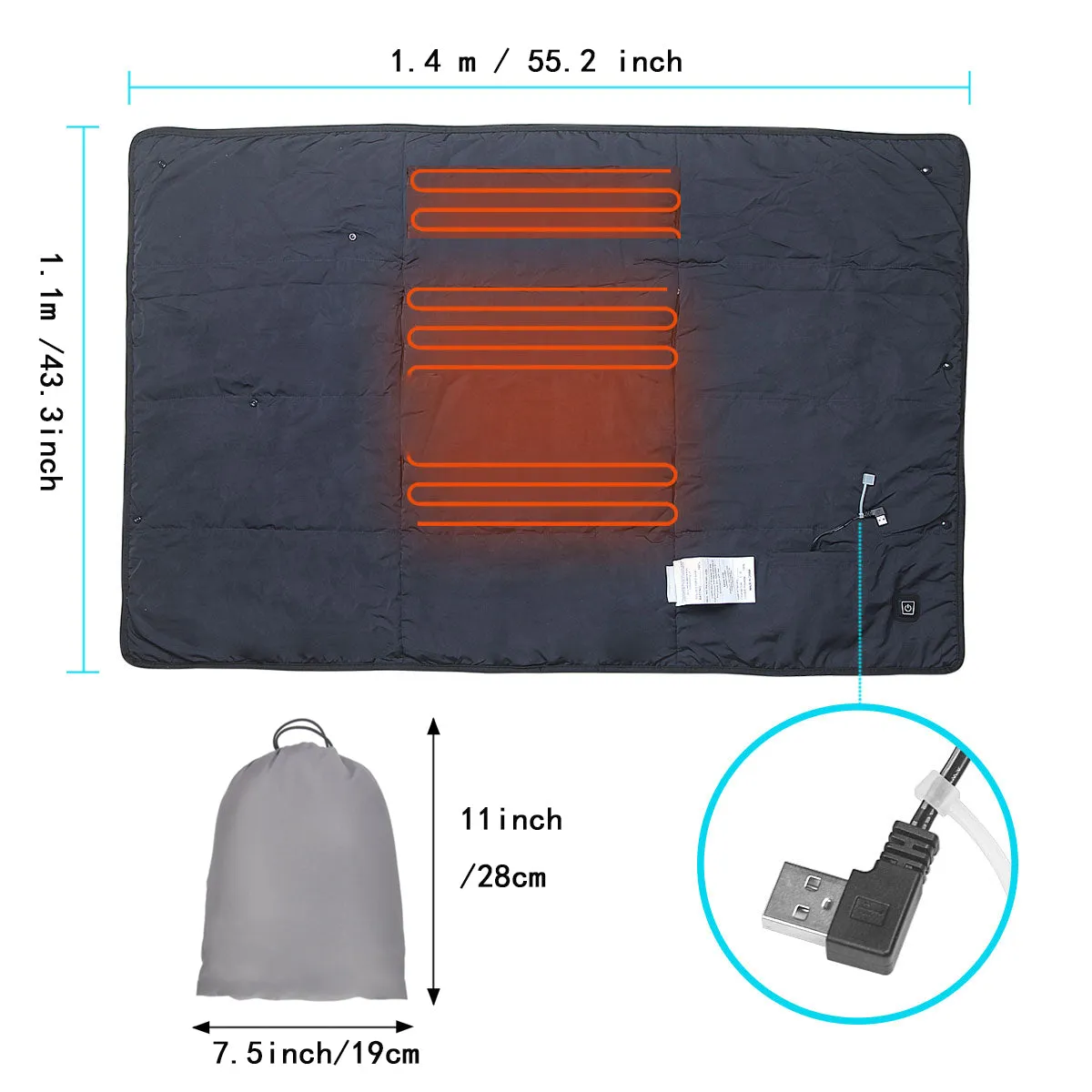 Electric Heated blanket Heating blanket Camping blanket Wearable blanket Multi-purpose blanket USB fast heating suitable for outdoor home office, Navy Blue