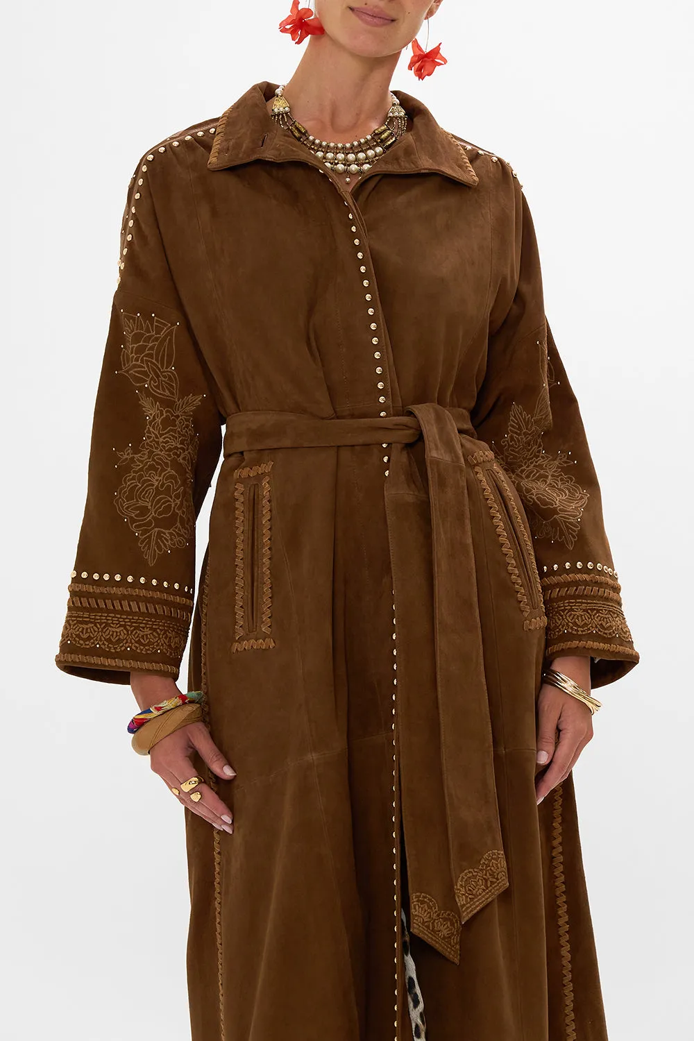 EMBROIDERED LONG SUEDE COAT VOLENDAM DOLLS