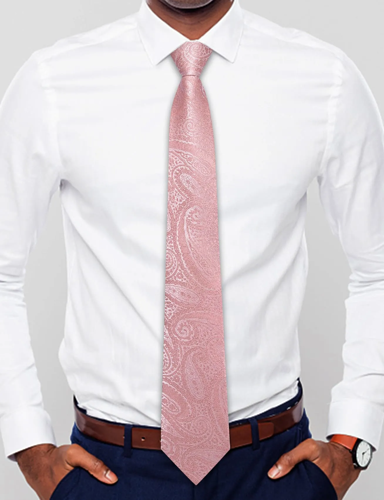 Hi-Tie Light Pink Tie Easy to Wear Paisley Necktie Hanky Cufflinks Set