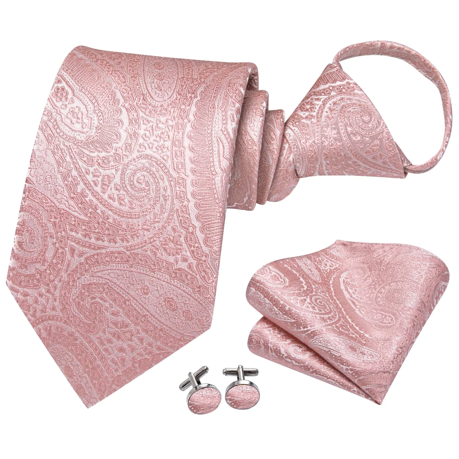 Hi-Tie Light Pink Tie Easy to Wear Paisley Necktie Hanky Cufflinks Set