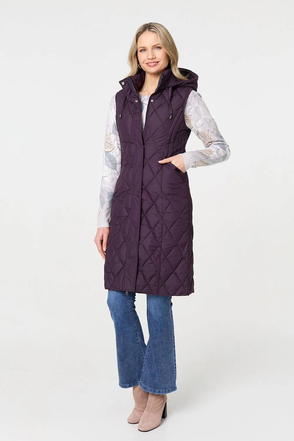 Hooded Sleeveless Longline Puffer Gilet
