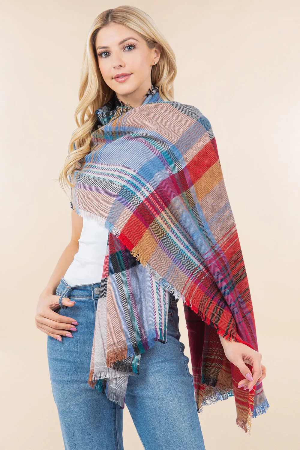OA-98B1 plaid design shawl