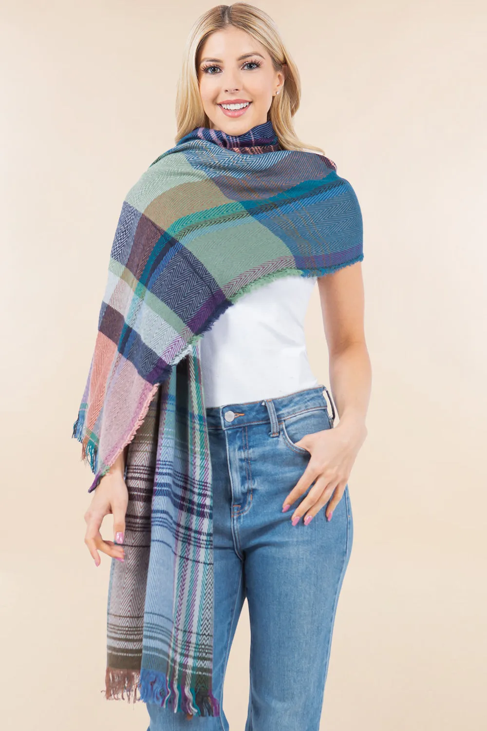 OA-98B1 plaid design shawl