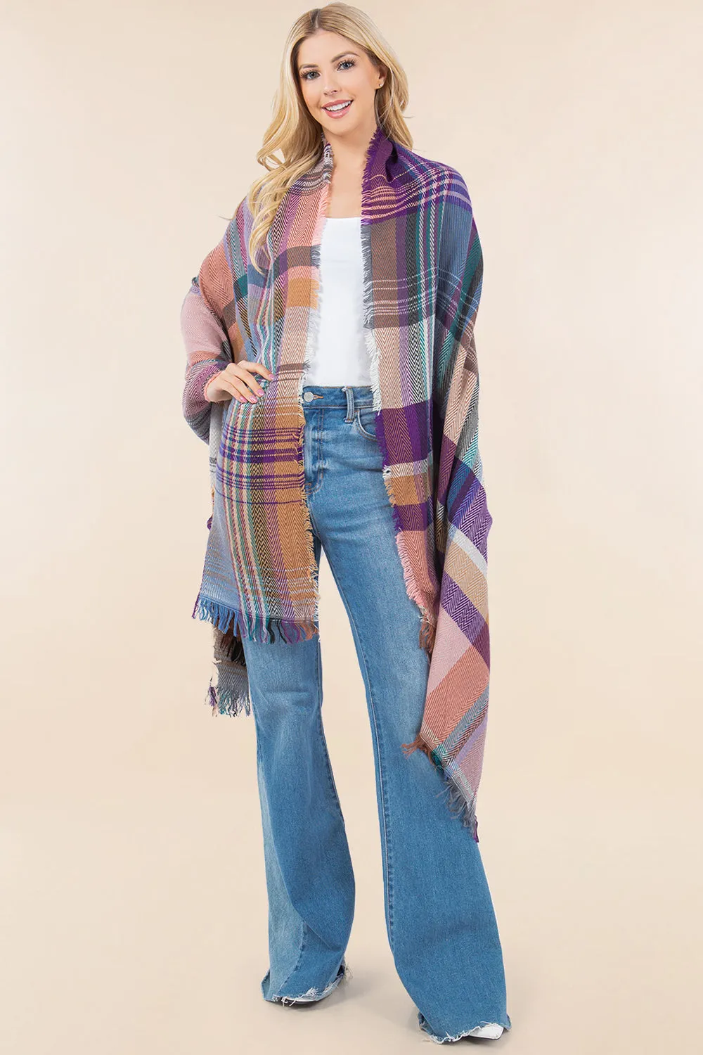 OA-98B1 plaid design shawl