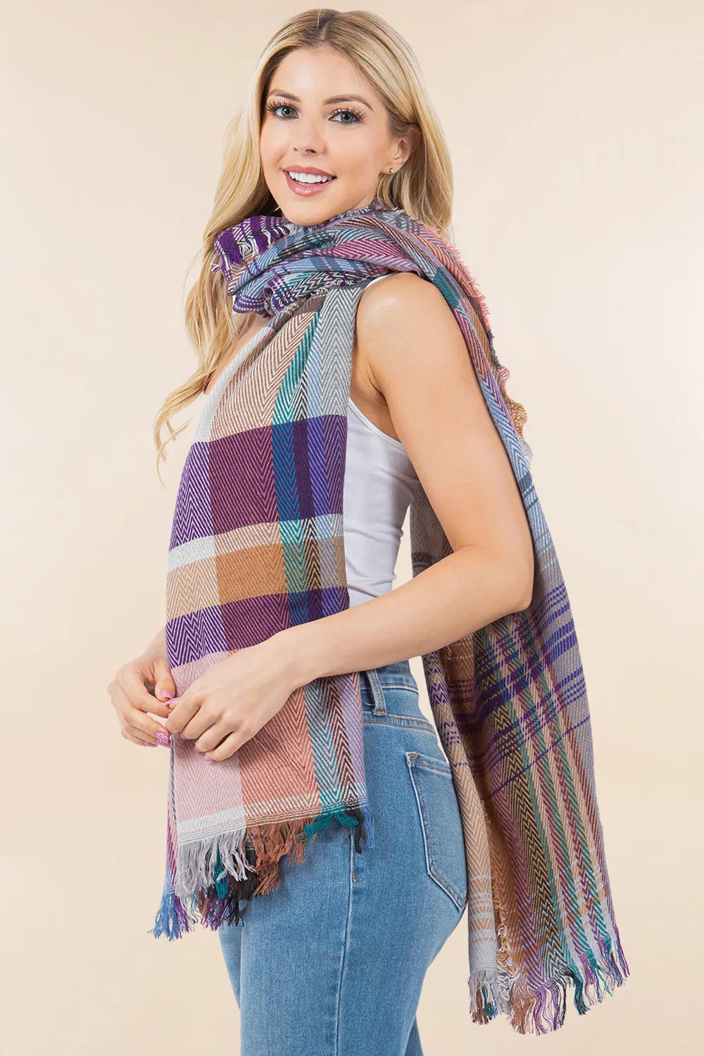 OA-98B1 plaid design shawl