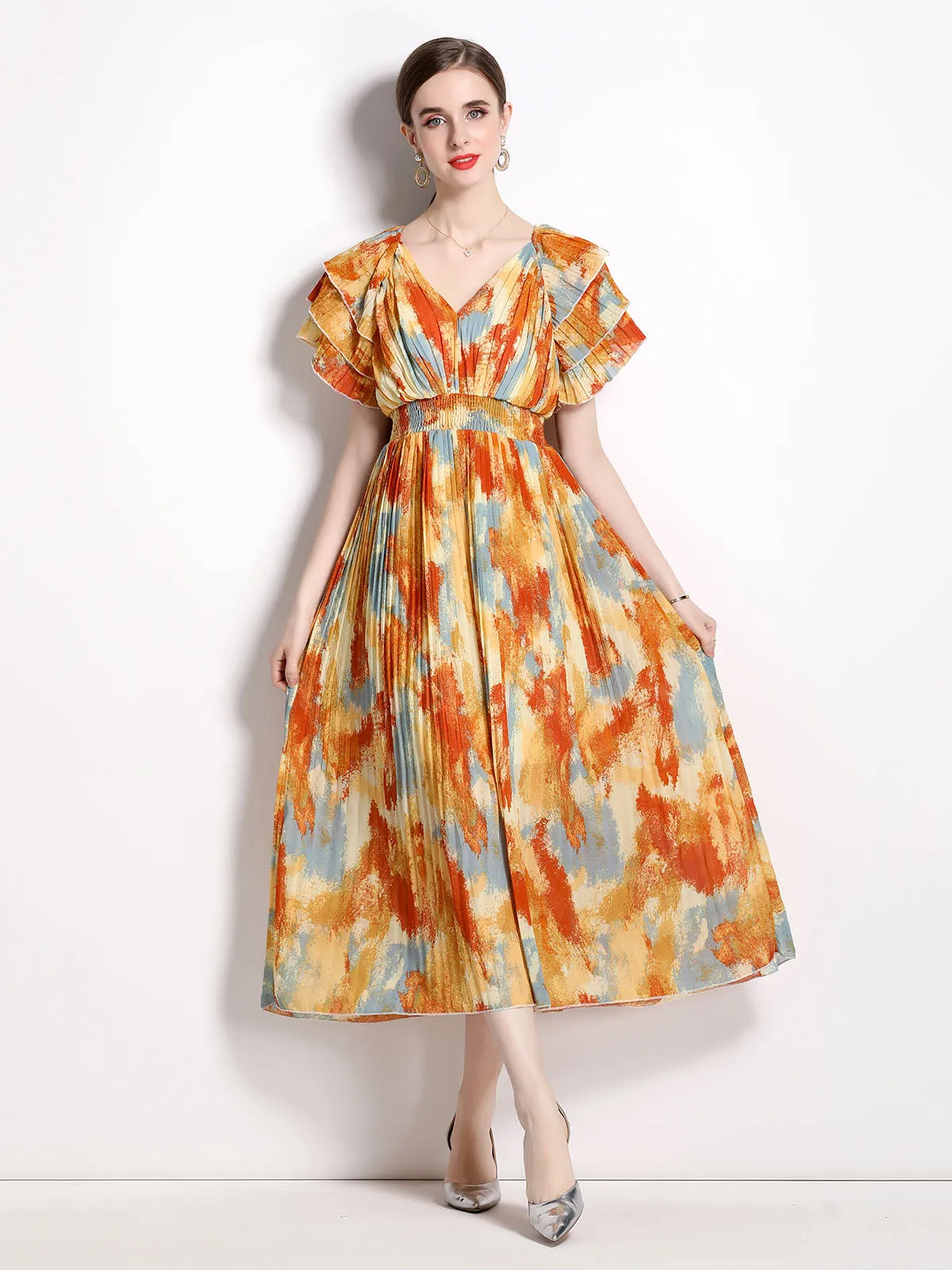 Petal Short Sleeves V Neck High Waist Skirt Beach Boho Dress