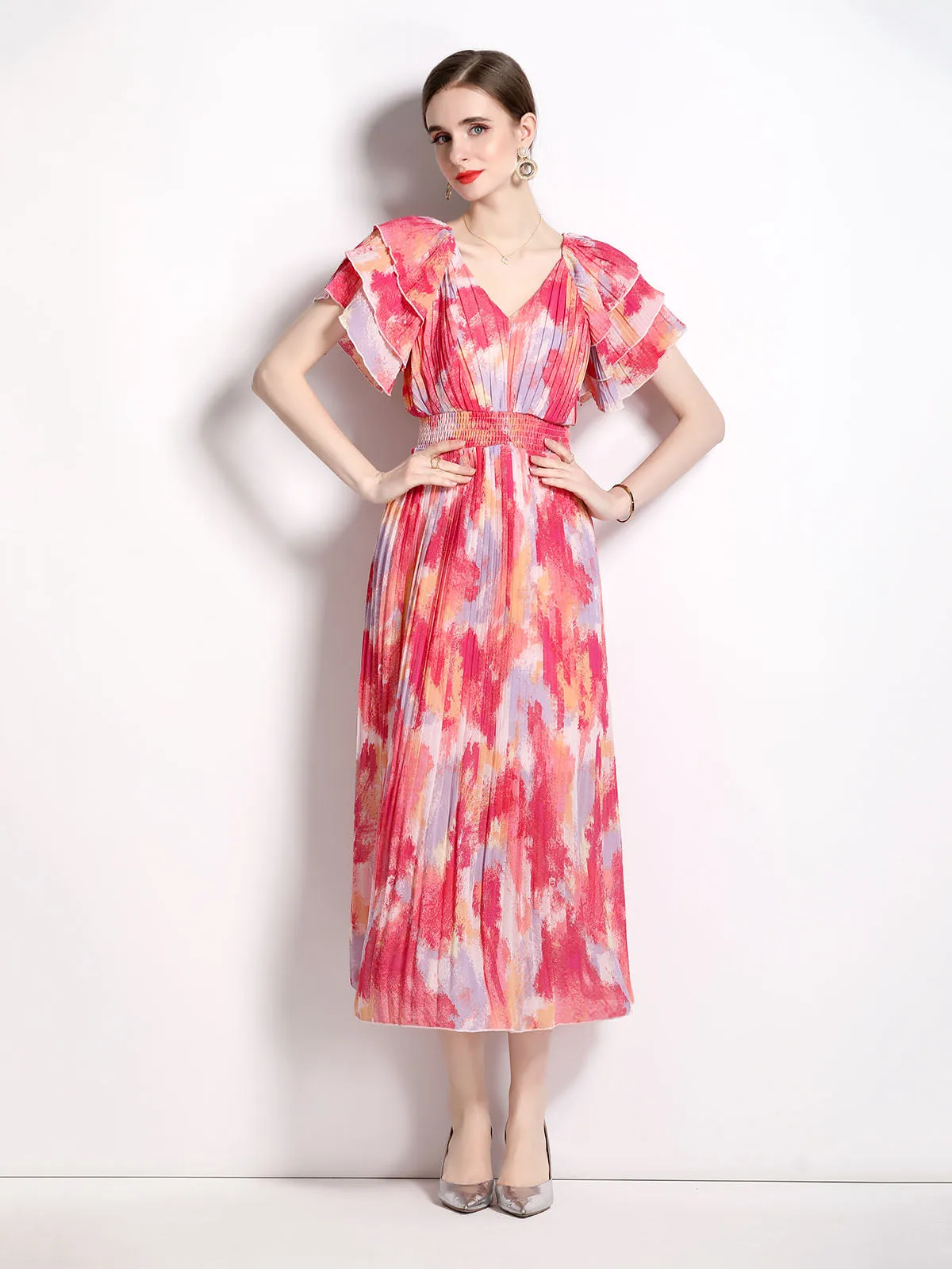 Petal Short Sleeves V Neck High Waist Skirt Beach Boho Dress