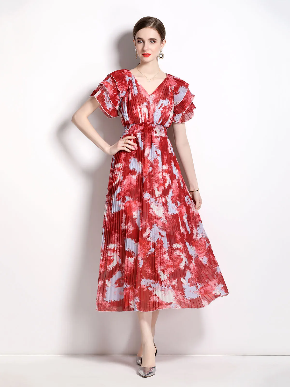 Petal Short Sleeves V Neck High Waist Skirt Beach Boho Dress