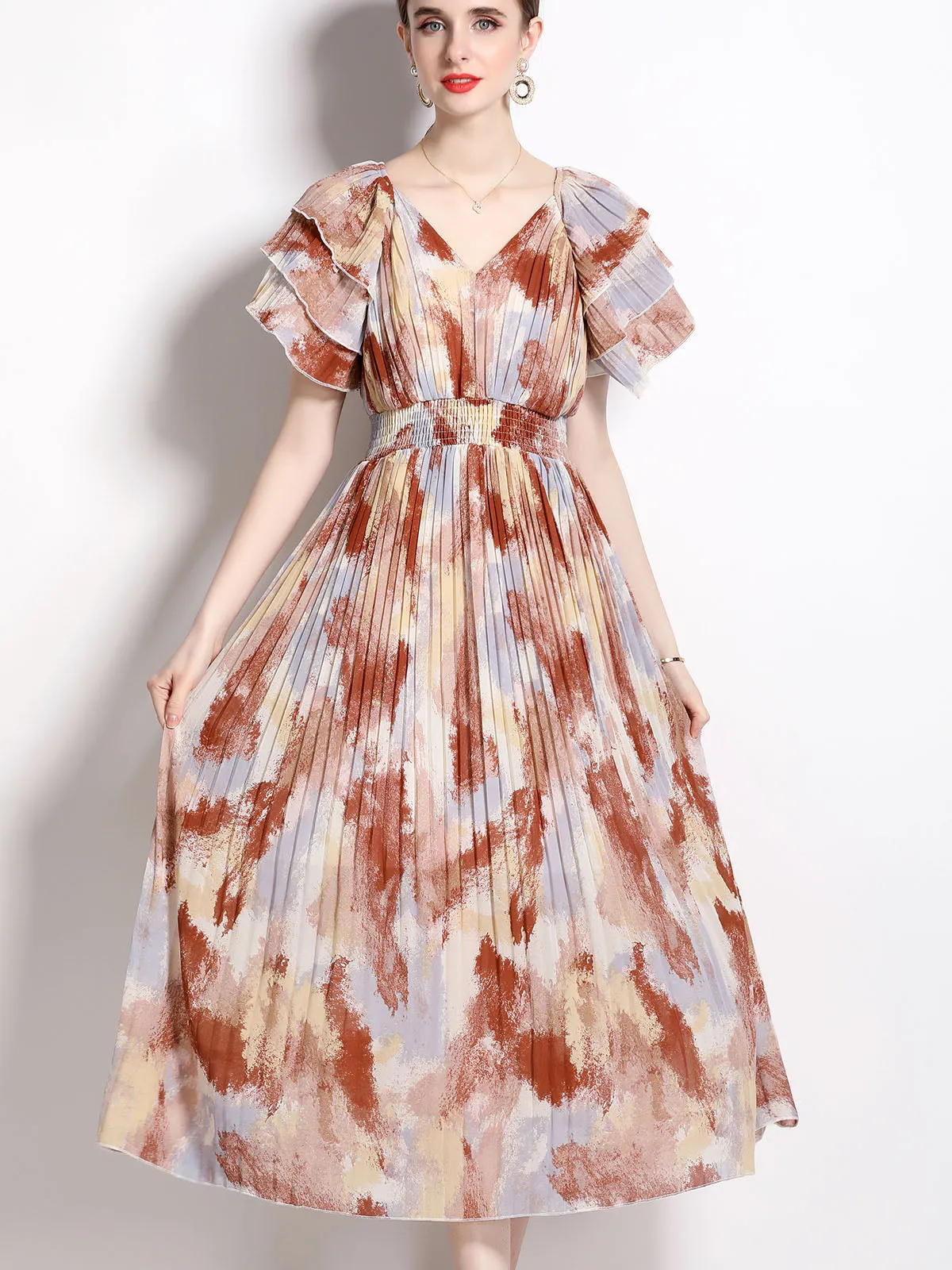 Petal Short Sleeves V Neck High Waist Skirt Beach Boho Dress