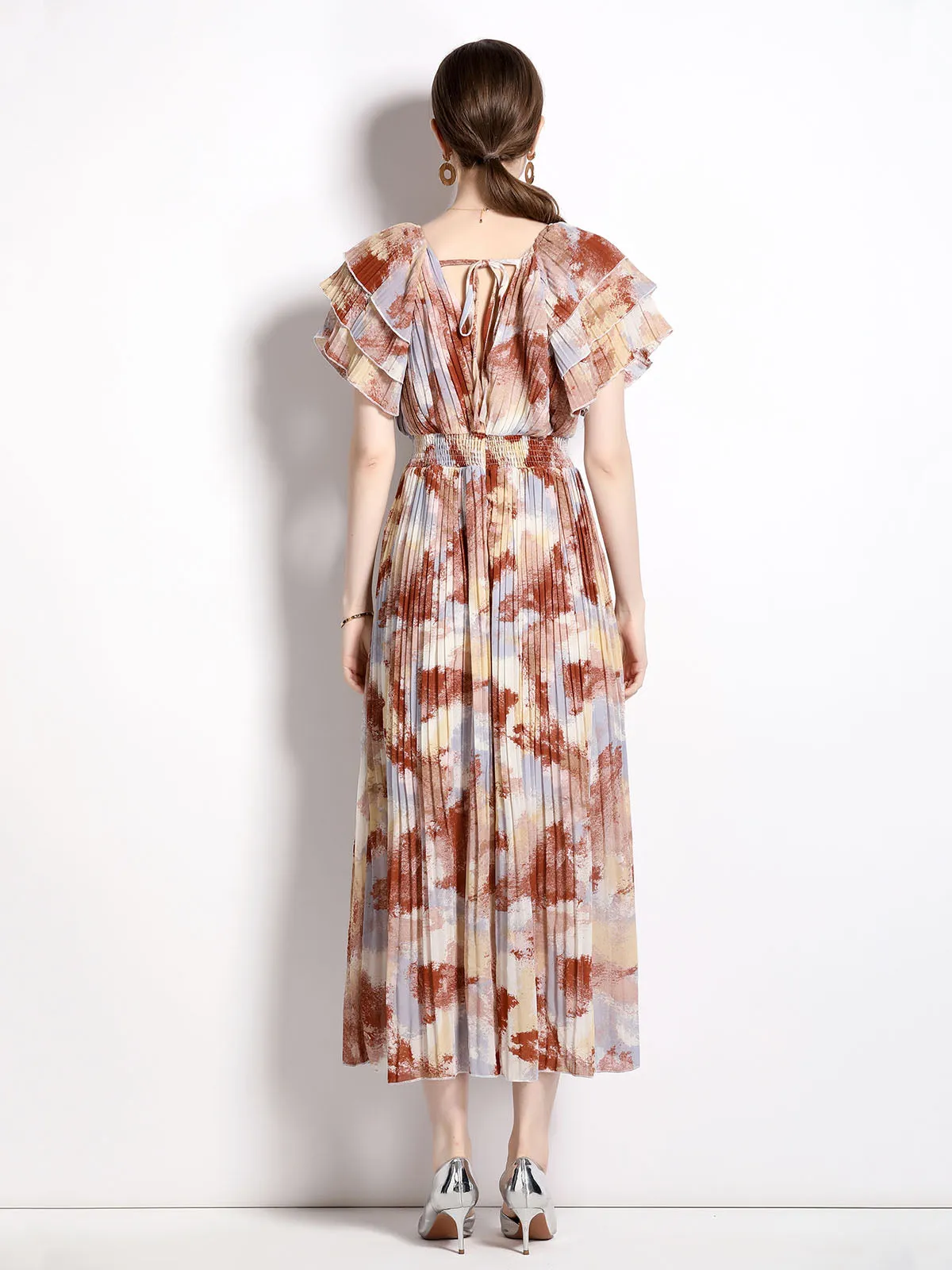 Petal Short Sleeves V Neck High Waist Skirt Beach Boho Dress