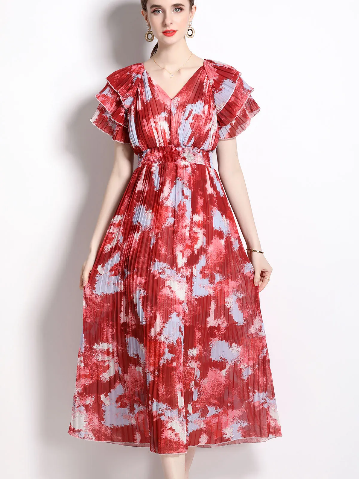 Petal Short Sleeves V Neck High Waist Skirt Beach Boho Dress