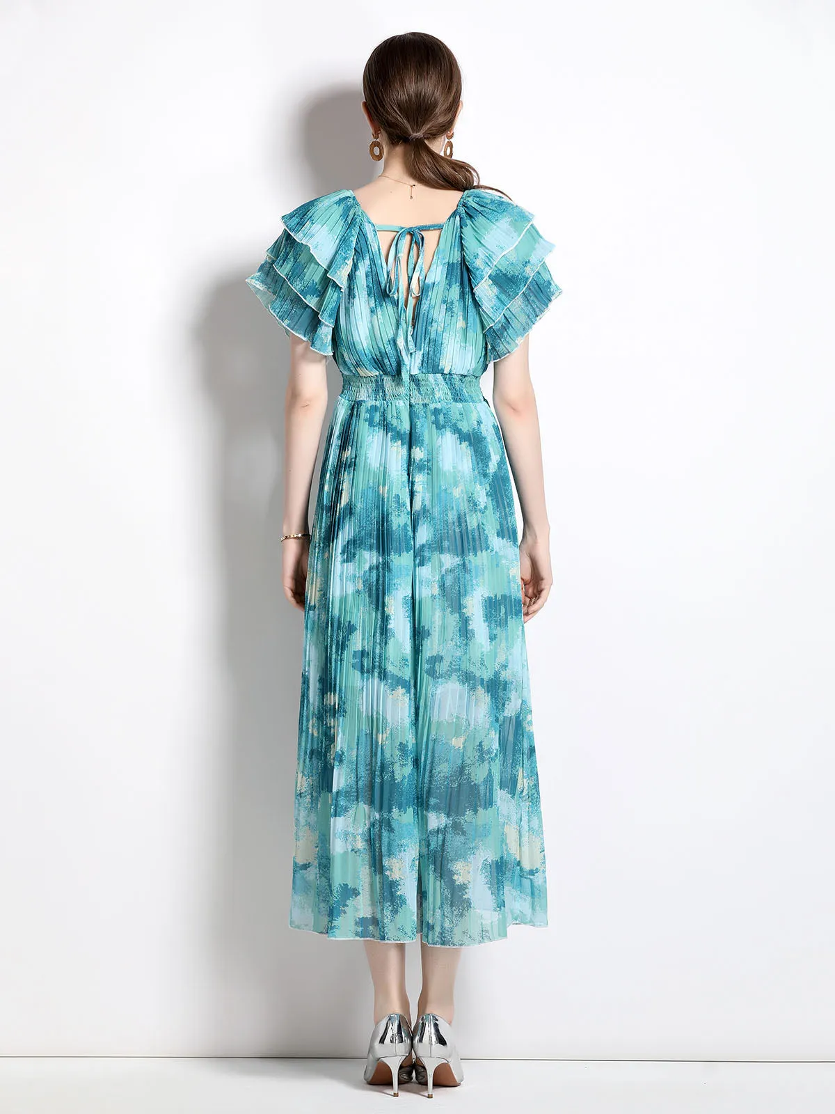 Petal Short Sleeves V Neck High Waist Skirt Beach Boho Dress