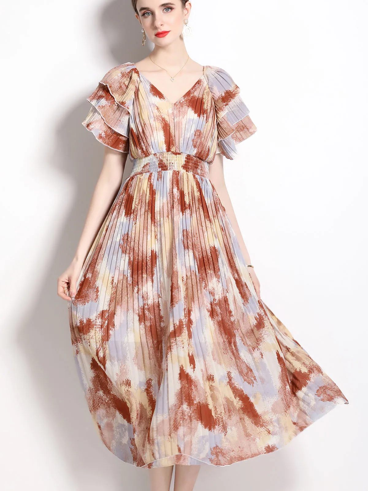 Petal Short Sleeves V Neck High Waist Skirt Beach Boho Dress