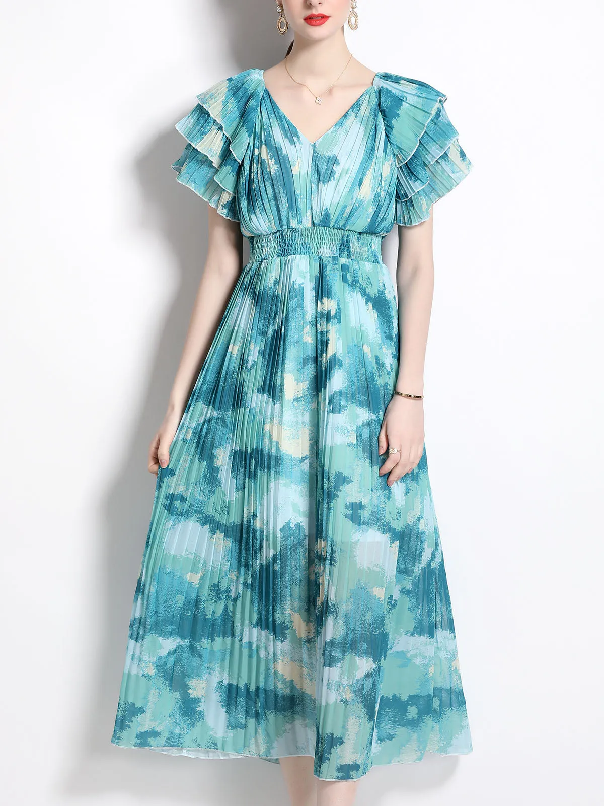 Petal Short Sleeves V Neck High Waist Skirt Beach Boho Dress