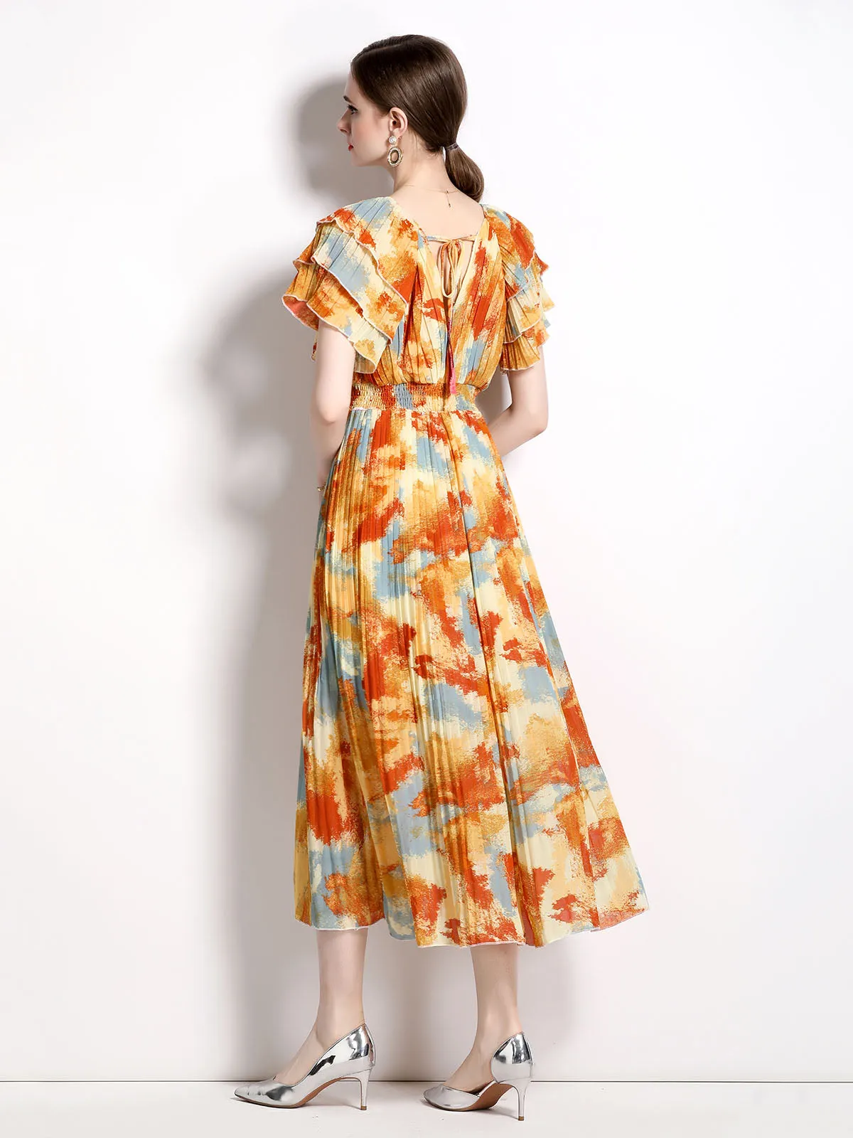 Petal Short Sleeves V Neck High Waist Skirt Beach Boho Dress