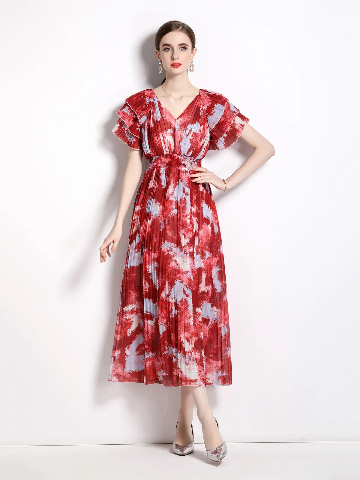 Petal Short Sleeves V Neck High Waist Skirt Beach Boho Dress