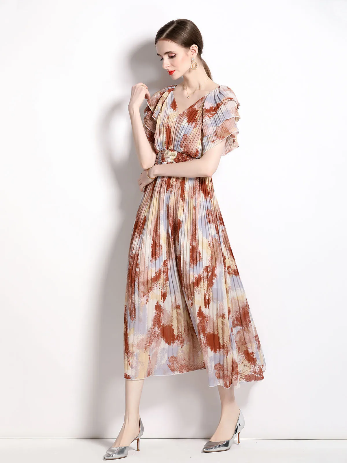 Petal Short Sleeves V Neck High Waist Skirt Beach Boho Dress