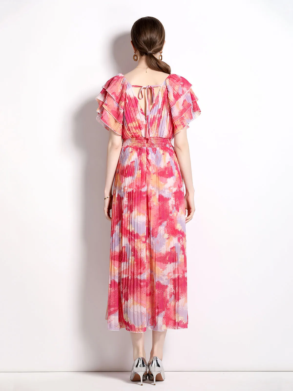 Petal Short Sleeves V Neck High Waist Skirt Beach Boho Dress