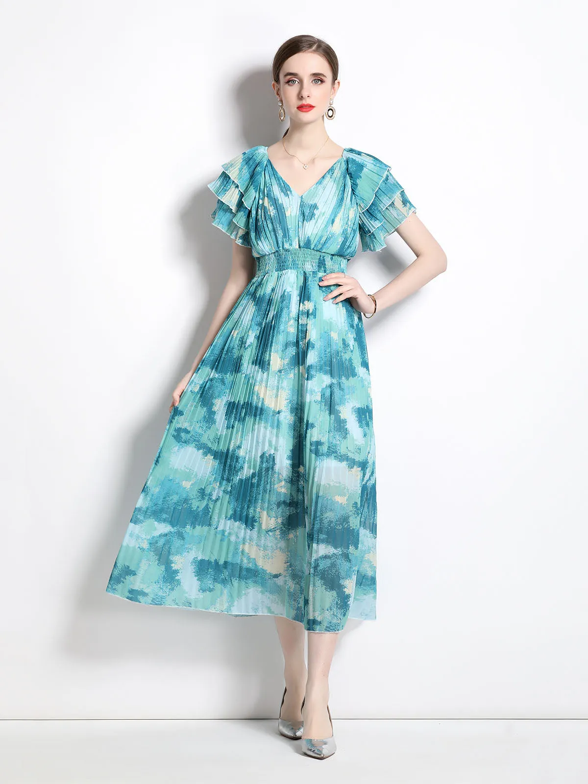 Petal Short Sleeves V Neck High Waist Skirt Beach Boho Dress