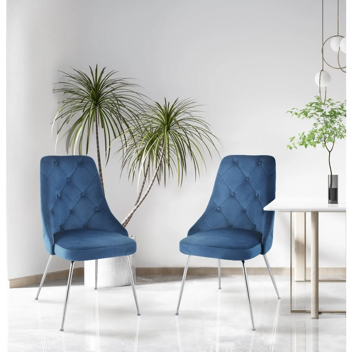 Plumeria Blue Velvet Chair with Chrome Legs - Set of 2