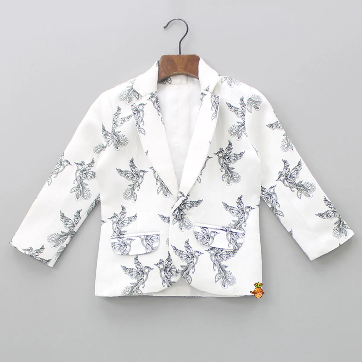 Pre Order: Dual Pocket Detail White And Black Bird Printed Blazer