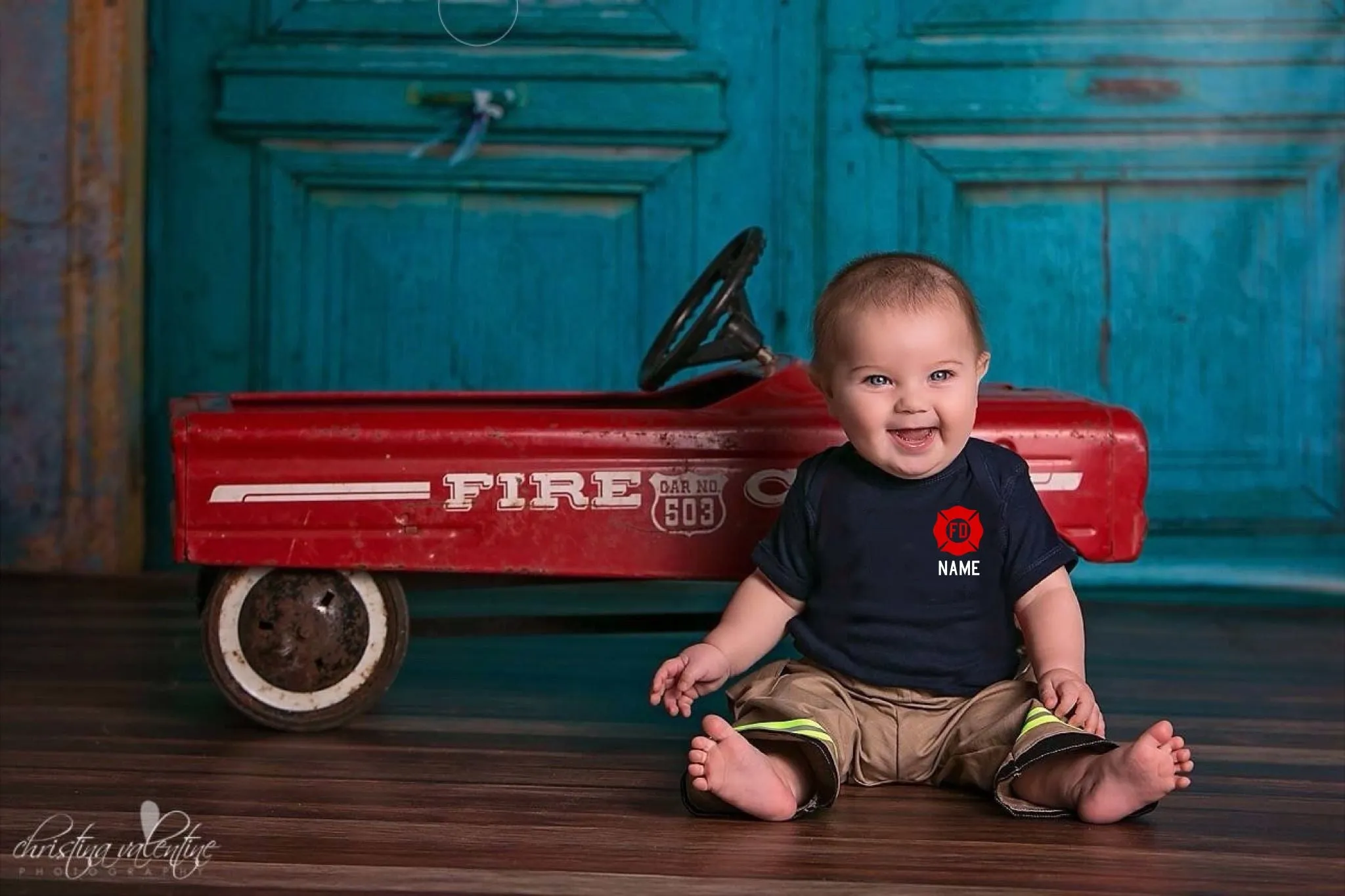RED MALTESE CROSS Firefighter Personalized TAN 2PC Baby Outfit