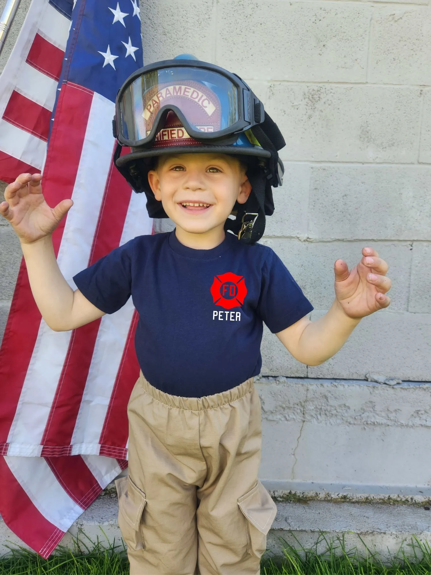 RED MALTESE CROSS Firefighter Personalized TAN 3PC Toddler Outfit